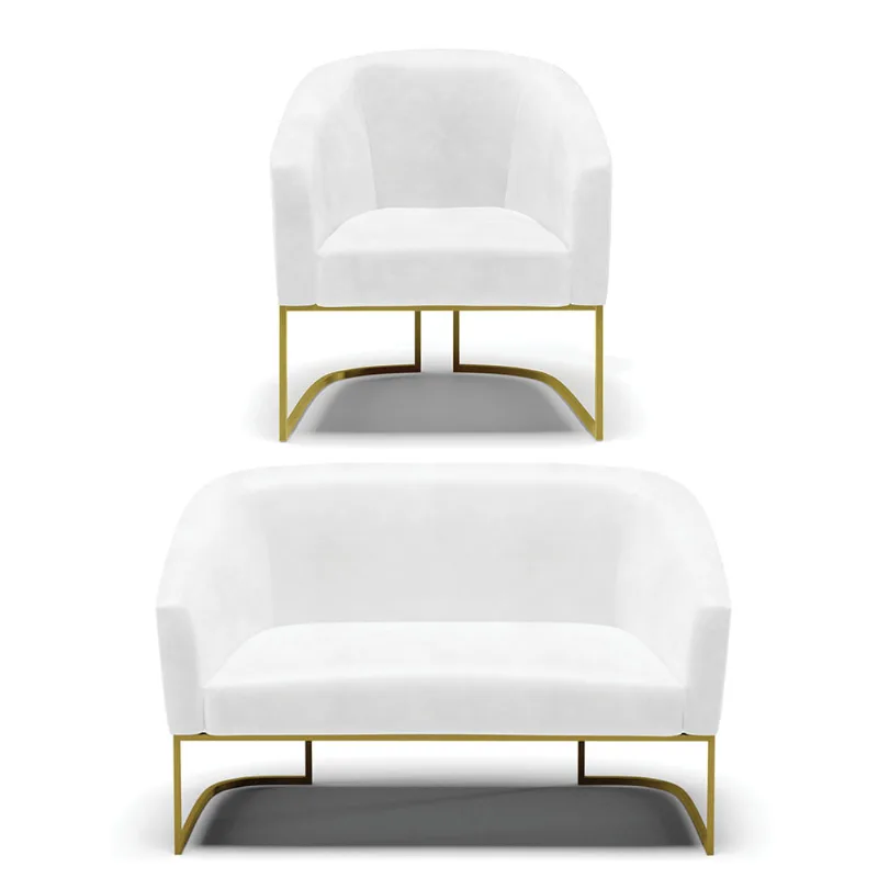 Sofá Namoradeira e Poltrona Industrial Dourado Stella Sint PU Branco D03 - D'Rossi