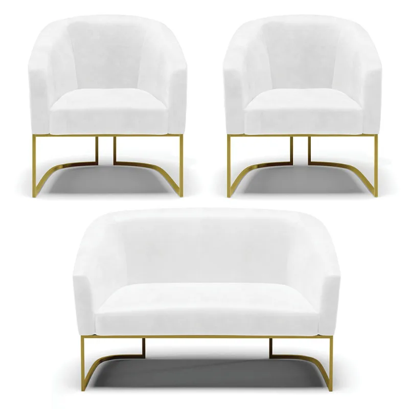 Namoradeira e 2 Poltronas Industrial Dourado Stella Sint PU Branco D03 - D'Rossi