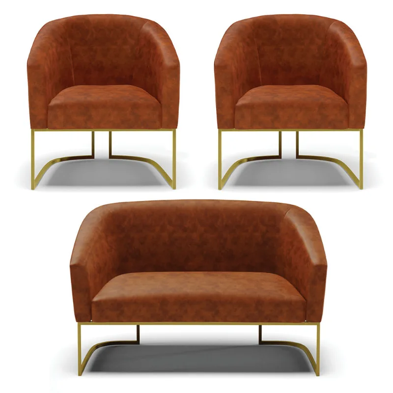 Namoradeira e 2 Poltronas Industrial Dourado Stella Sint PU Nozes D03 - D'Rossi