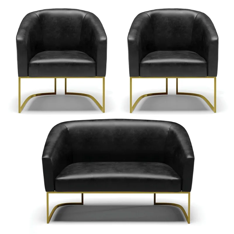 Namoradeira e 2 Poltronas Industrial Dourado Stella Sint PU Preto D03 - D'Rossi