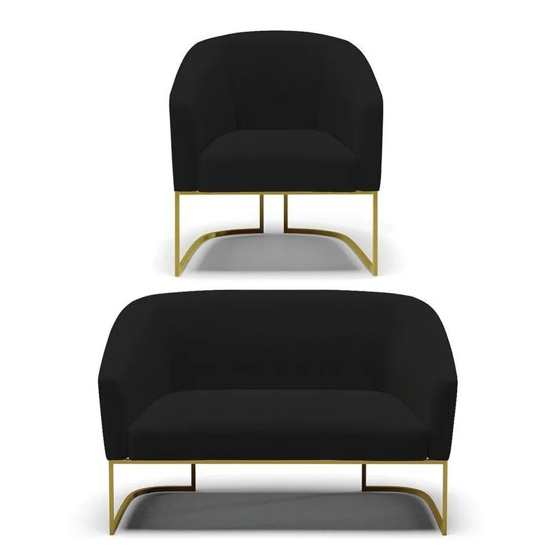 Sofá Namoradeira E Poltrona Base Industrial Dourado Stella Linho Preto A79 D03 - D'rossi