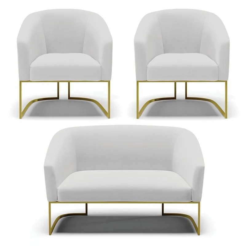 Namoradeira e 2 Poltronas Industrial Dourado Stella Linho Cinza D03 - D'Rossi