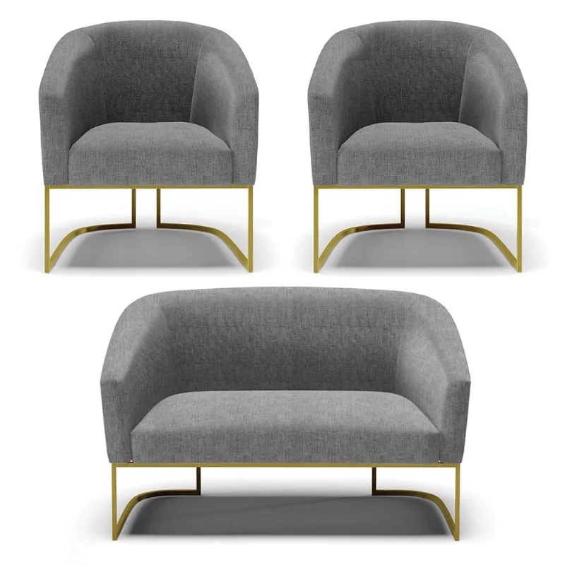 Namoradeira e 2 Poltronas Industrial Dourado Stella Linho Grafite D03 - D'Rossi