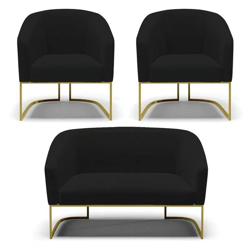 Namoradeira E 2 Poltronas Base Industrial Dourado Stella Linho Preto A79 D03 - D'rossi
