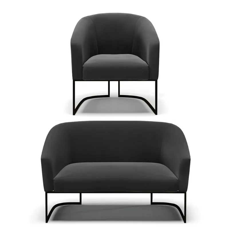 Sofá Namoradeira e Poltrona Base Industrial Preto Stella Suede Preto D03 - D'Rossi