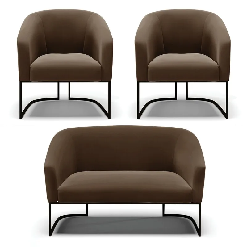 Namoradeira e 2 Poltronas Industrial Preto Stella Suede Marrom D03 - D'Rossi