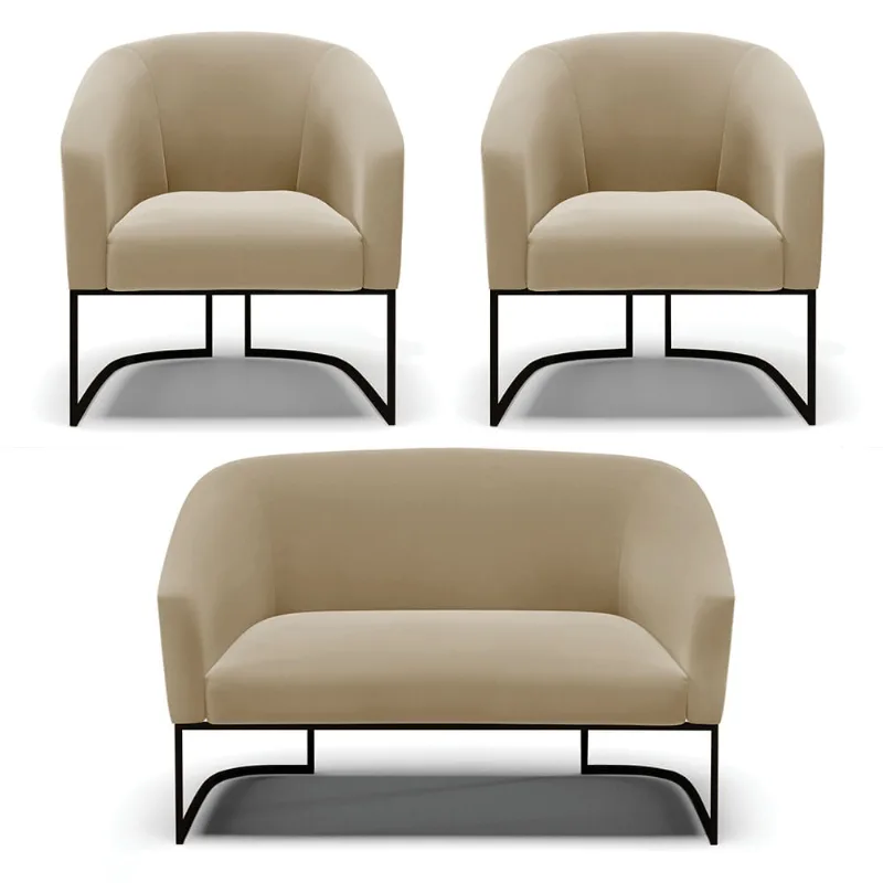 Namoradeira e 2 Poltronas Industrial Preto Stella Suede Marrom Rato D03 - D'Rossi