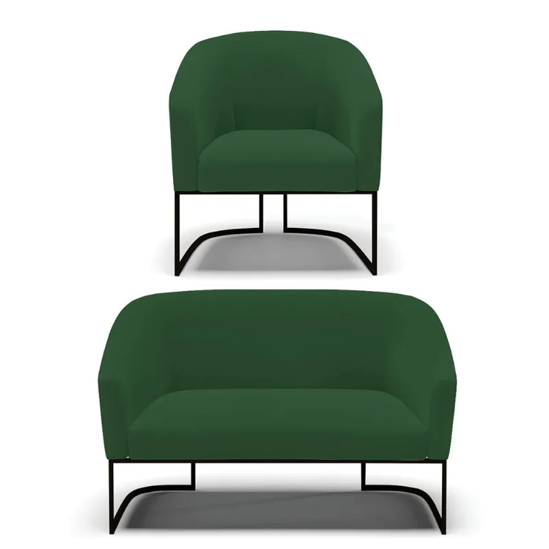 Sofá Namoradeira e Poltrona Base Industrial Preto Stella Veludo Verde D03 - D'Rossi