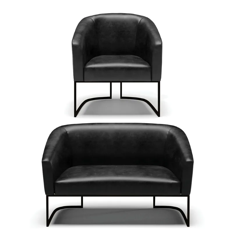 Sofá Namoradeira e Poltrona Base Industrial Preto Stella Sintético PU Preto D03 - D'Rossi