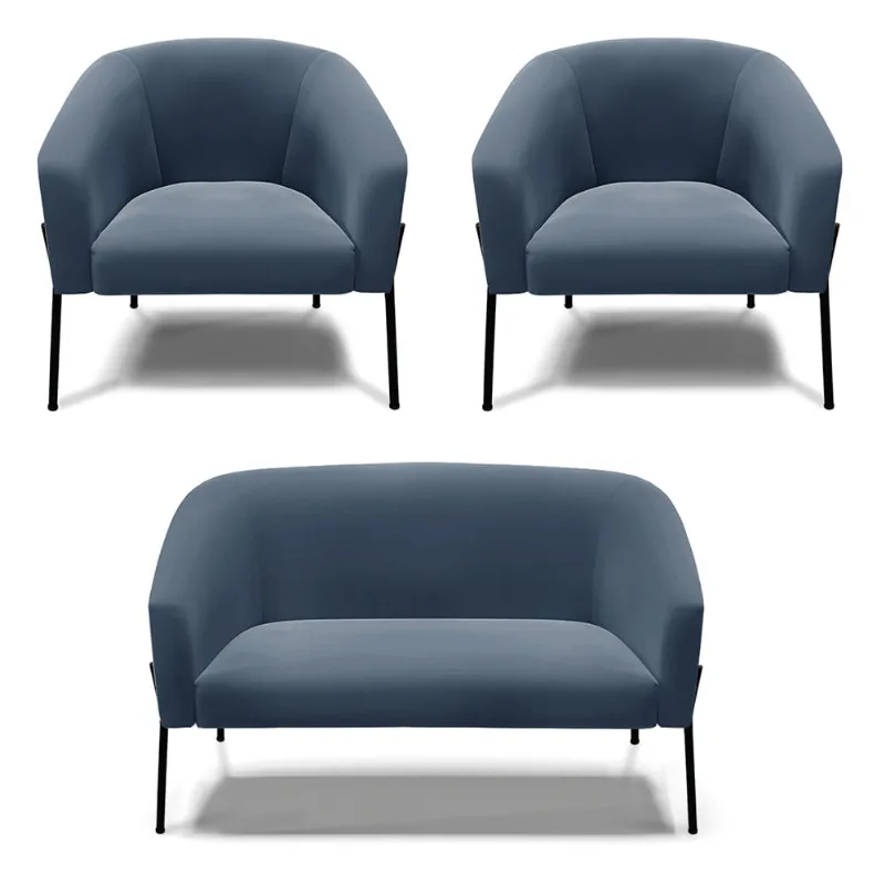 Namoradeira e 2 Poltronas Pé de Ferro Preto Stella Suede D03 - D'Rossi Azul Marinho