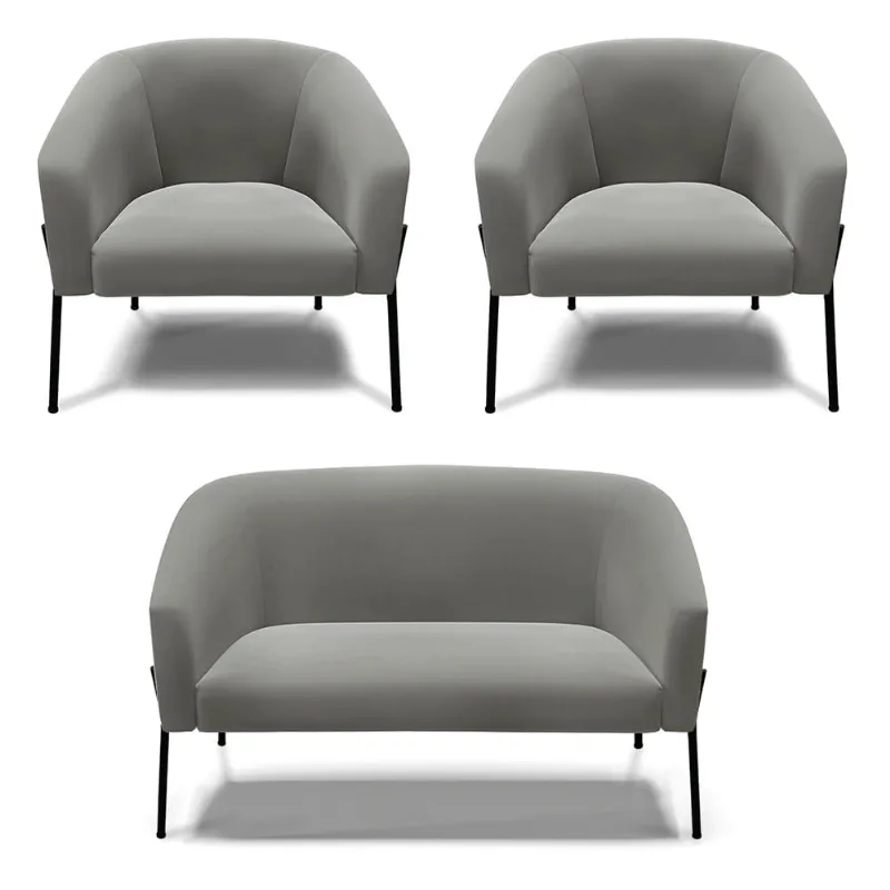 Namoradeira e 2 Poltronas Pé de Ferro Preto Stella Suede D03 - D'Rossi Grafite