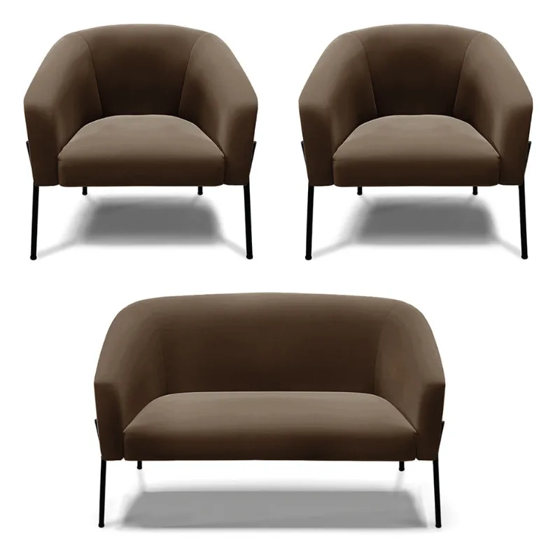 Namoradeira e 2 Poltronas Pé de Ferro Preto Stella Suede D03 - D'Rossi Marrom