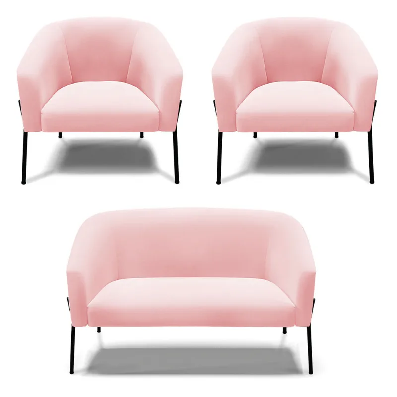 Namoradeira e 2 Poltronas Pé de Ferro Preto Stella Suede D03 - D'Rossi Rosa Bebê