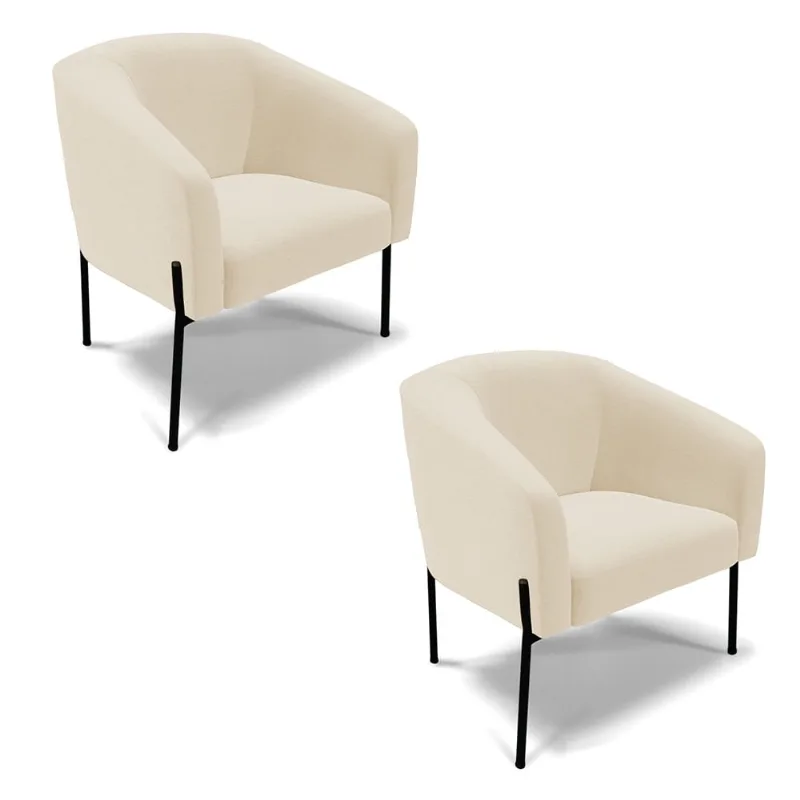 Poltrona Decorativa Pé de Ferro Preto Kit 2 Stella Linho D03 - D'Rossi A19 Bege