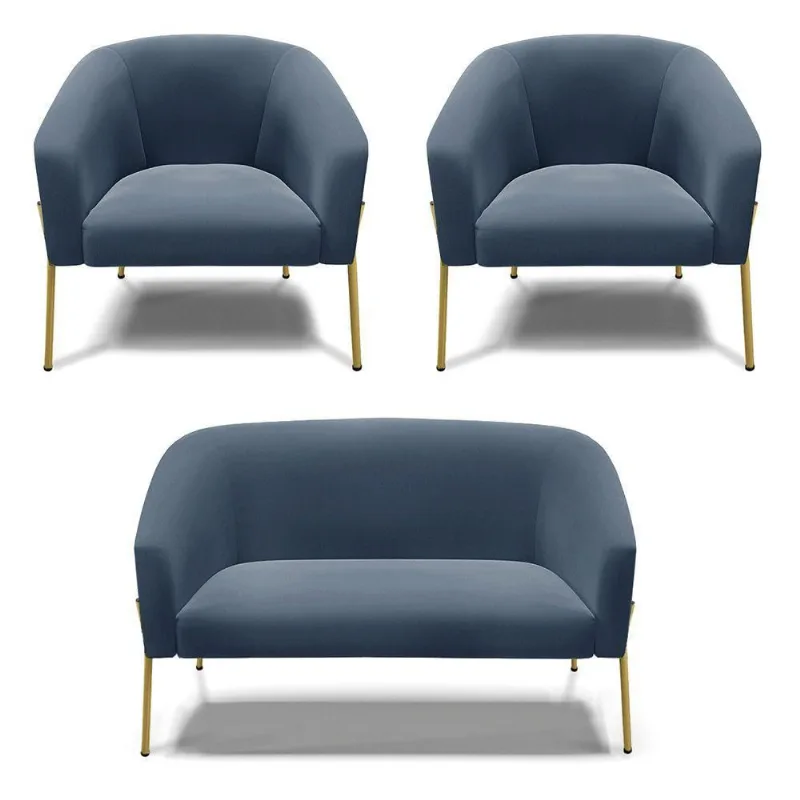 Sofá Namoradeira E 2 Poltronas Pé De Ferro Dourado Stella Suede D03 - D'rossi Cor Azul Marinho