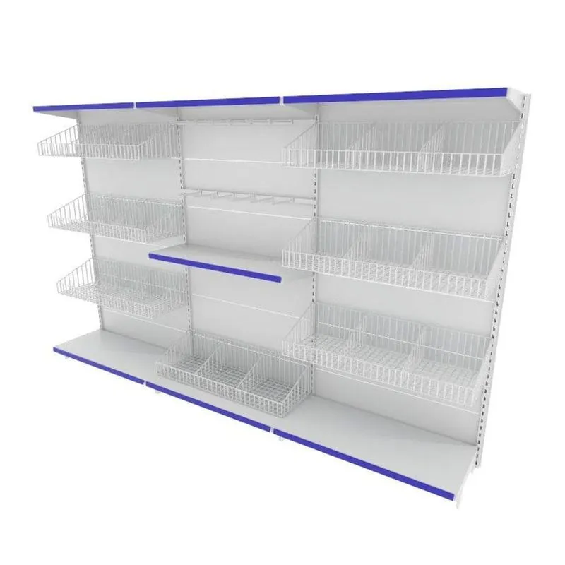 Gondola De Aço Altura 196 Cm Parede Bandejas 40/30 Com Cestos E Ganchos Branco Gp196braz713