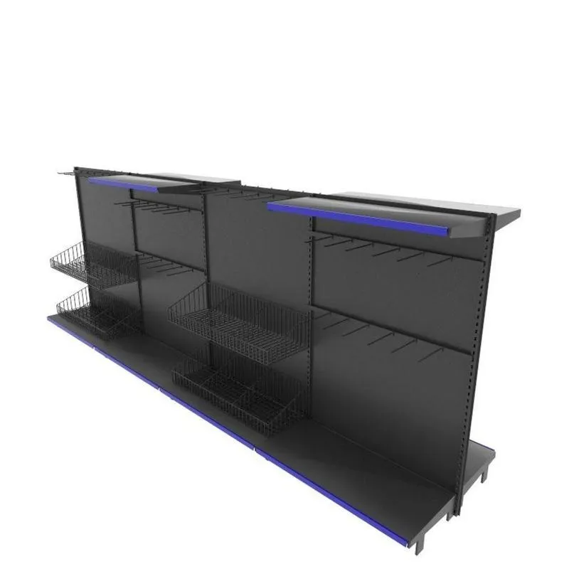 Gondola De Aço Altura 142 Cm Central Bandejas 40/30 Com Cestos E Ganchos Preto Gc142praz921