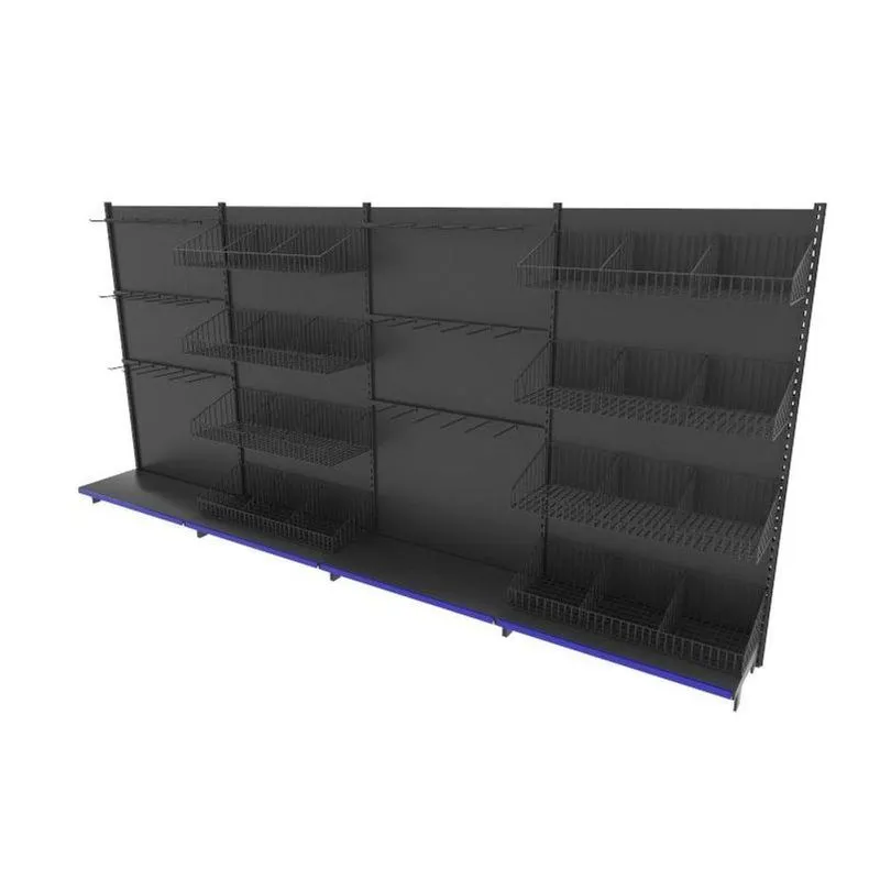 Gondola De Aço Altura 170 Cm Parede Bandejas 40 Com Cestos E Ganchos Preto Gp170praz782