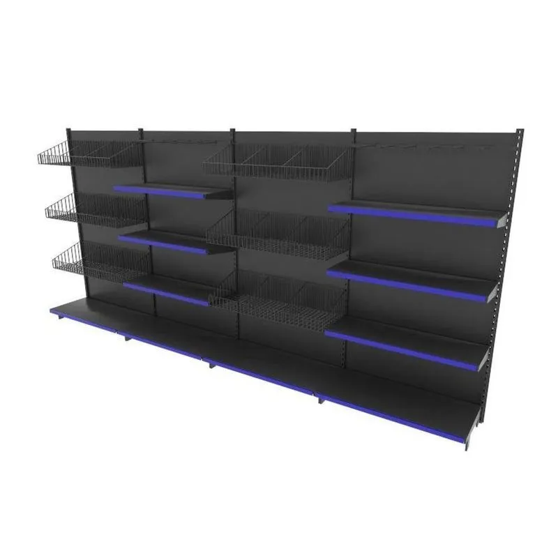 Gondola De Aço Altura 170 Cm Parede Bandejas 40/30 Com Cestos E Ganchos Preto Gp170praz998
