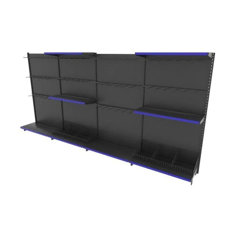 Gondola De Aço Altura 170 Cm Parede Bandejas 40/30 Com Cestos E Ganchos Preto Gp170praz1077
