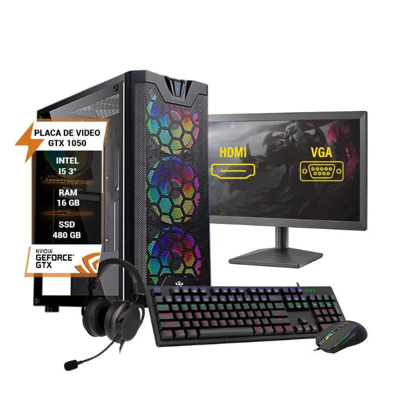 Pc Gamer Completo I5 3º Gtx1050 Memória 16Gb Ssd 480Gb