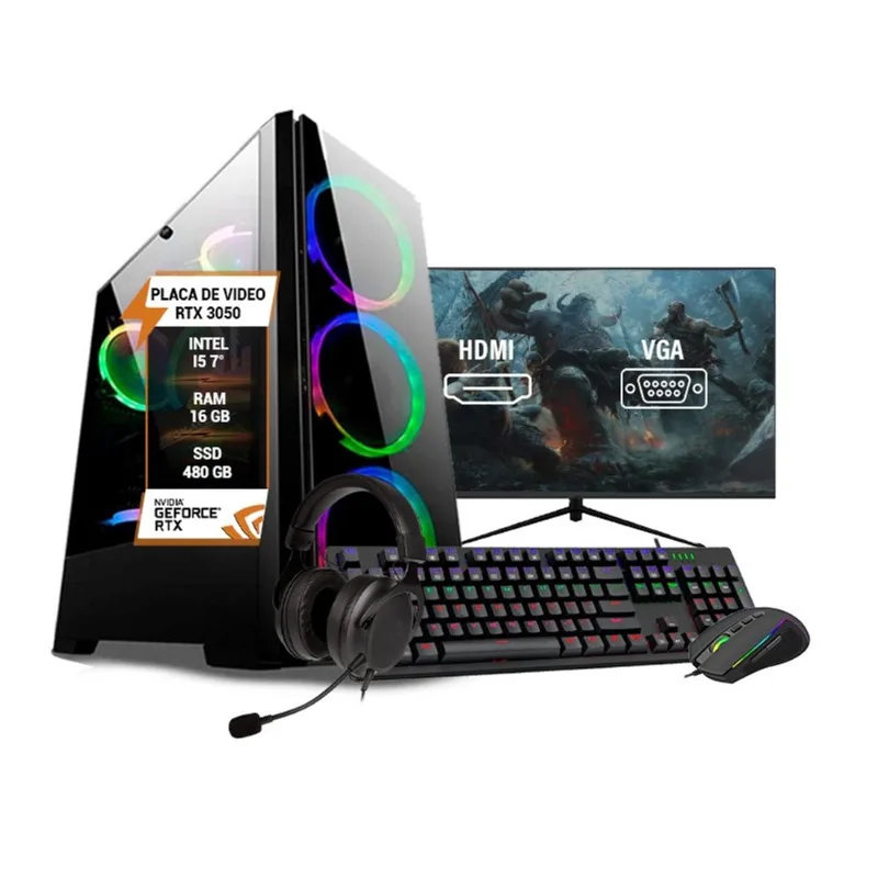 Pc Gamer Completo Intel Core I5 7° Memória 16GB rtx 3050 8GB ssd 480GB HD 1TB