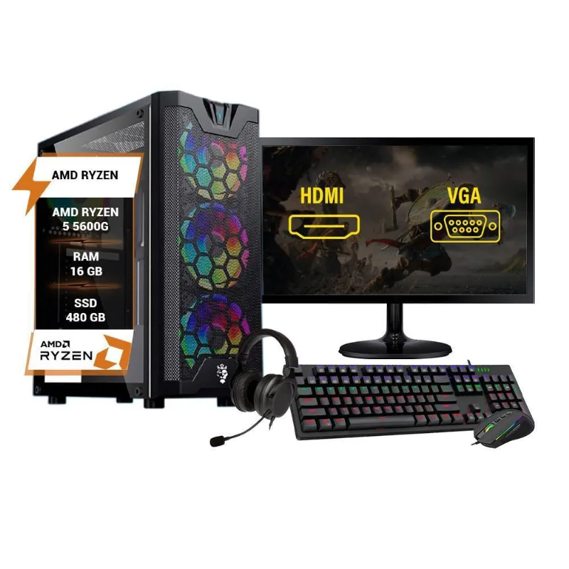 Pc Gamer Ryzen 5 5600G 16Gb Ram Ddr4 Ssd 480Gb Monitor 24