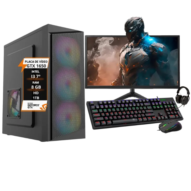 Pc Gamer Completo I3 7100 8Gb gtx 1650 HD 1TB ssd 120GB Monitor 19
