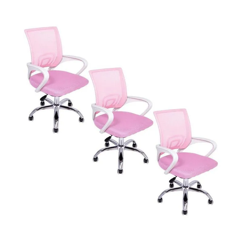 Kit 3 Cadeiras De Escritório Begonia Tela Mesh Ergonômico Rosa