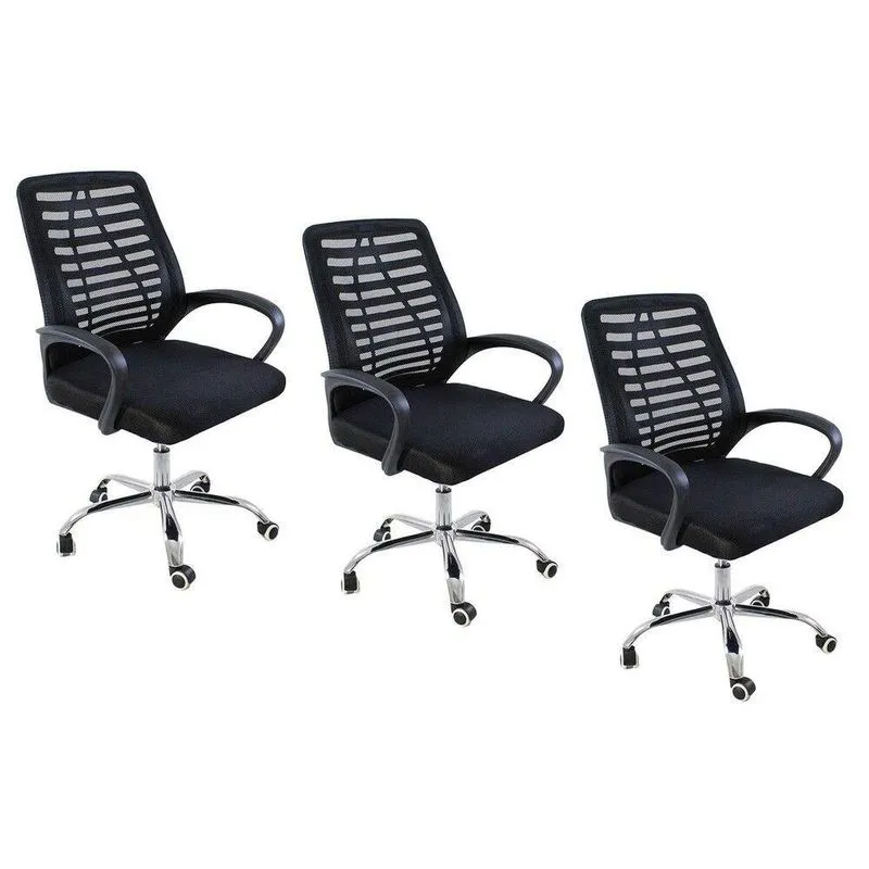 Kit 3 Cadeiras De Escritório Esteirinha Mesh Ergonômica Preto