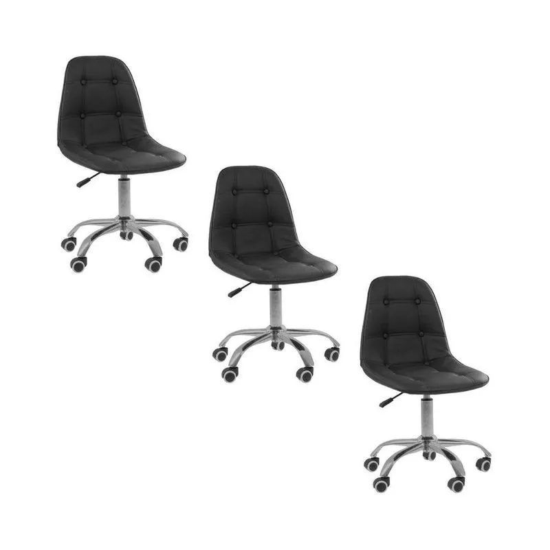 Kit 3 Cadeiras Office Eiffel Botonê Ajustável Base Giratória Preto