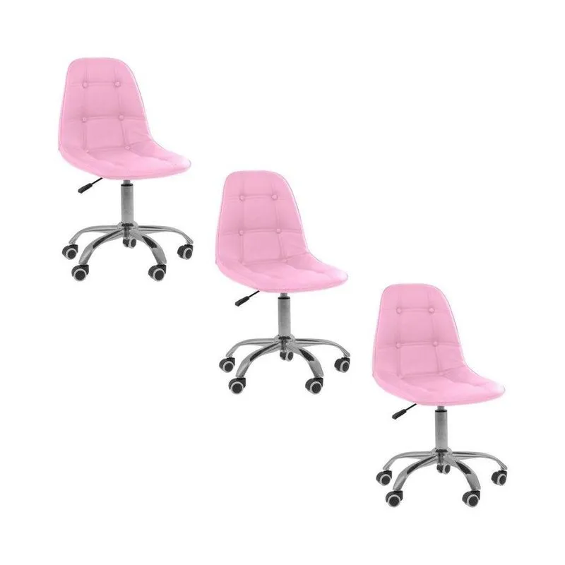 Kit 3 Cadeiras Office Eiffel Botonê Ajustável Base Giratória Revestimento Pu Rosa