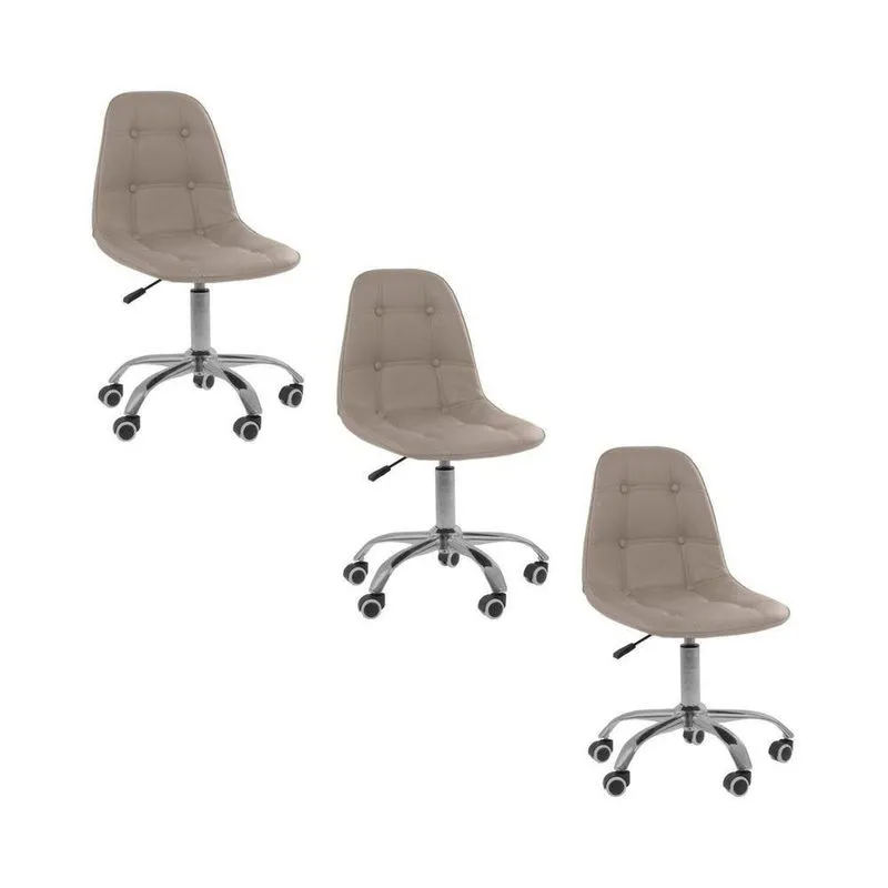 Kit 3 Cadeiras Office Eiffel Botonê Ajustável Base Giratória Bege