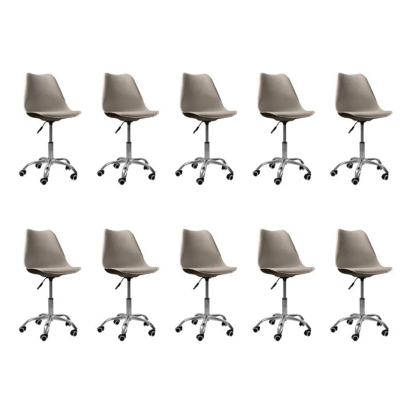 Kit 10 Cadeiras Office Base Cromada Com Rodízio Giratória Saarinen Bege