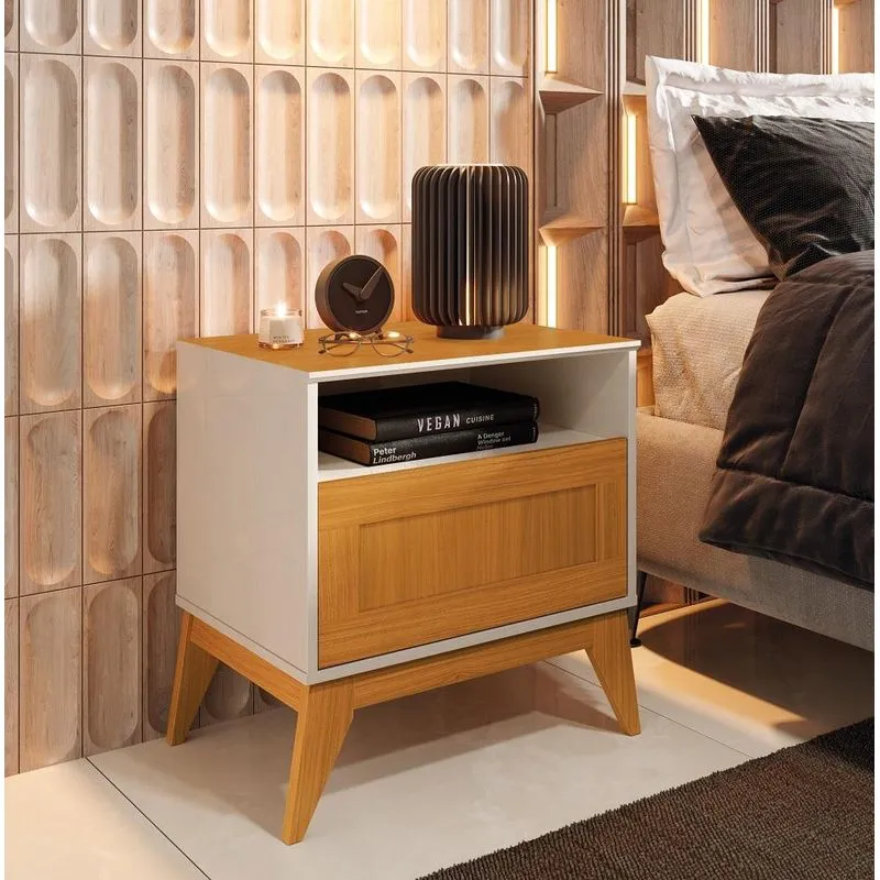 Mesa De Cabeceira Siena Tampo E Pés Em Mdf Com 1 Gaveta - Off White E Cedro