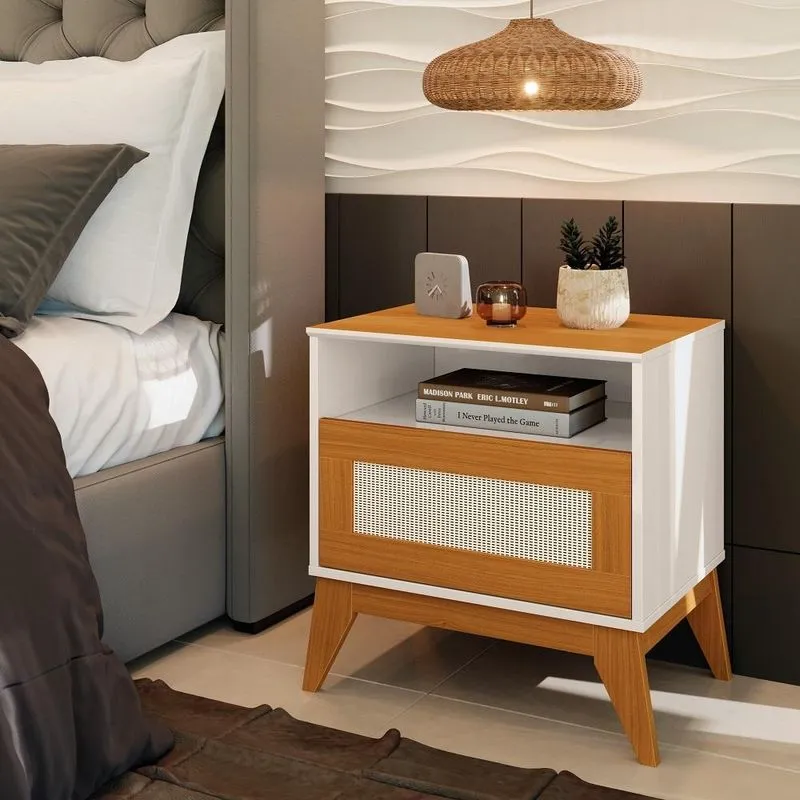 Mesa De Cabeceira Rattan Pés E Tampo Em Mdf 1 Gaveta Retrô - Off White E Cedro