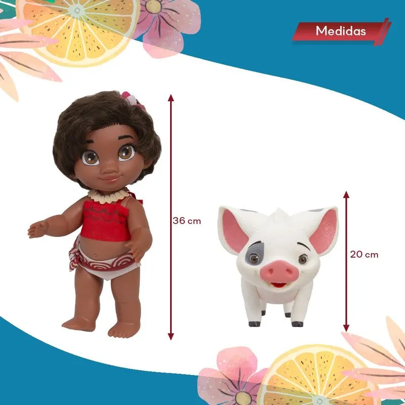 Kit Boneca Moana Bebê Silicone e Porquinho Pua Cotiplás