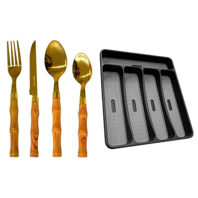 Faqueiro Inox Bambu Dourado Tropical Porta Talheres 29cm 25