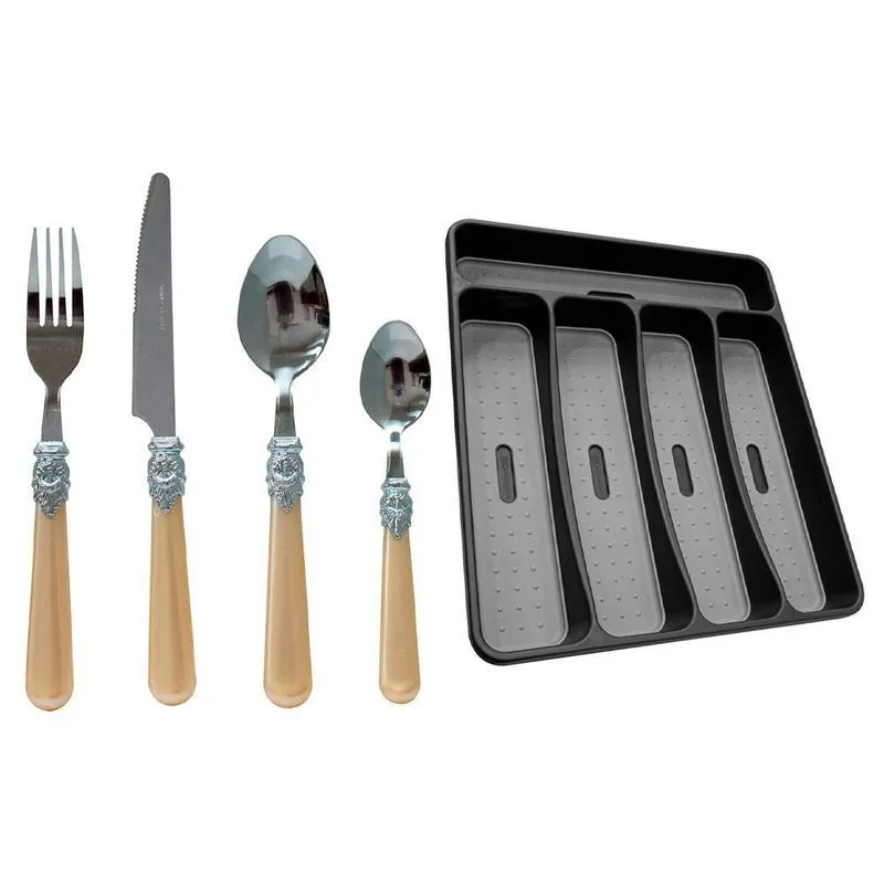 Faqueiro Perolado Bege Suporte Talheres 29cm 25 Peças