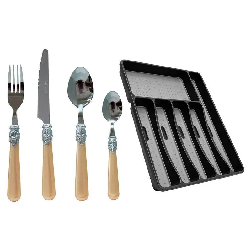 Faqueiro Perolado Bege Suporte Talheres 32cm 25 Peças
