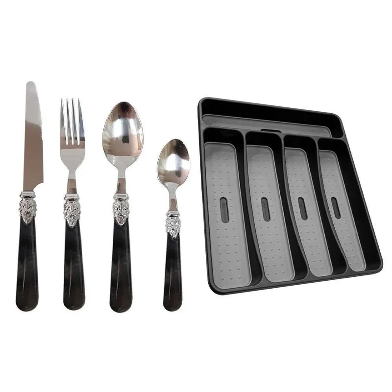 Faqueiro Marmorizado Preto Suporte Talheres 29cm 25 Peças