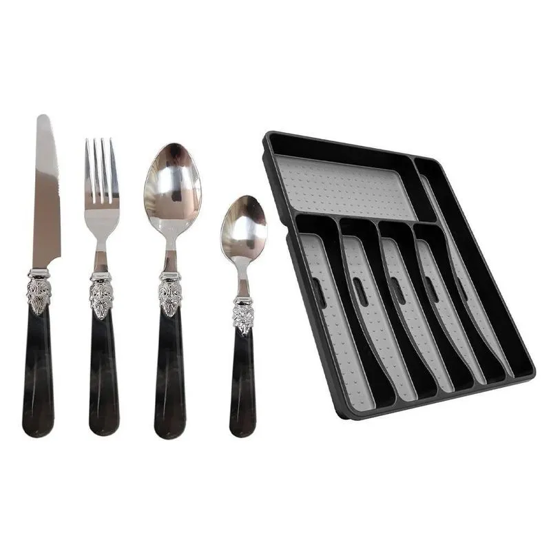 Faqueiro Marmorizado Preto Suporte Talheres 32cm 25 Peças