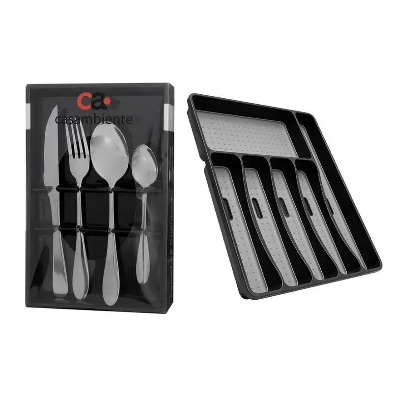 Faqueiro Inox Prata Suporte Talheres 32cm 25 Peças