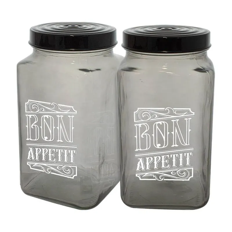 Jogo Potes Vidro Tampa Bon Appetit Preto 2l 2 Peças