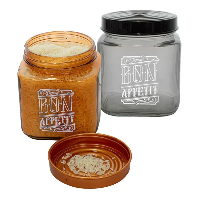Jogo Potes Vidro Tampa Bon Appetit Preto E Bronze 1l 2 Peças