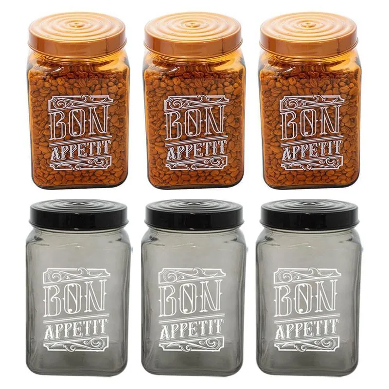 Jogo Potes Vidro Tampa Bon Appetit Preto E Bronze 1,5l 6