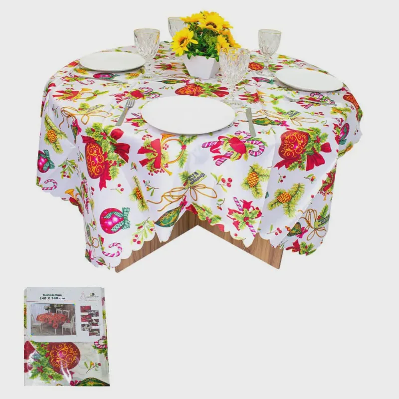Toalha de Mesa de Natal Branca Flores 1,40x1,40m - Casambiente