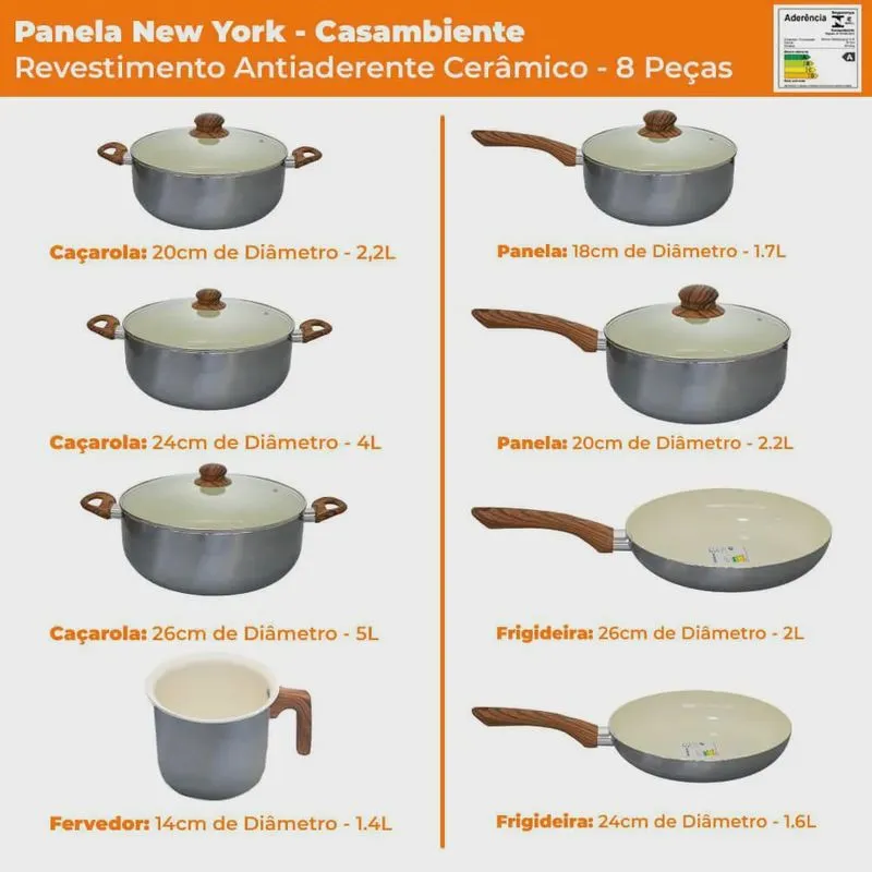 Jogo de Panelas Revestimento Cerâmica New York Prata 8 Peças - Casambiente