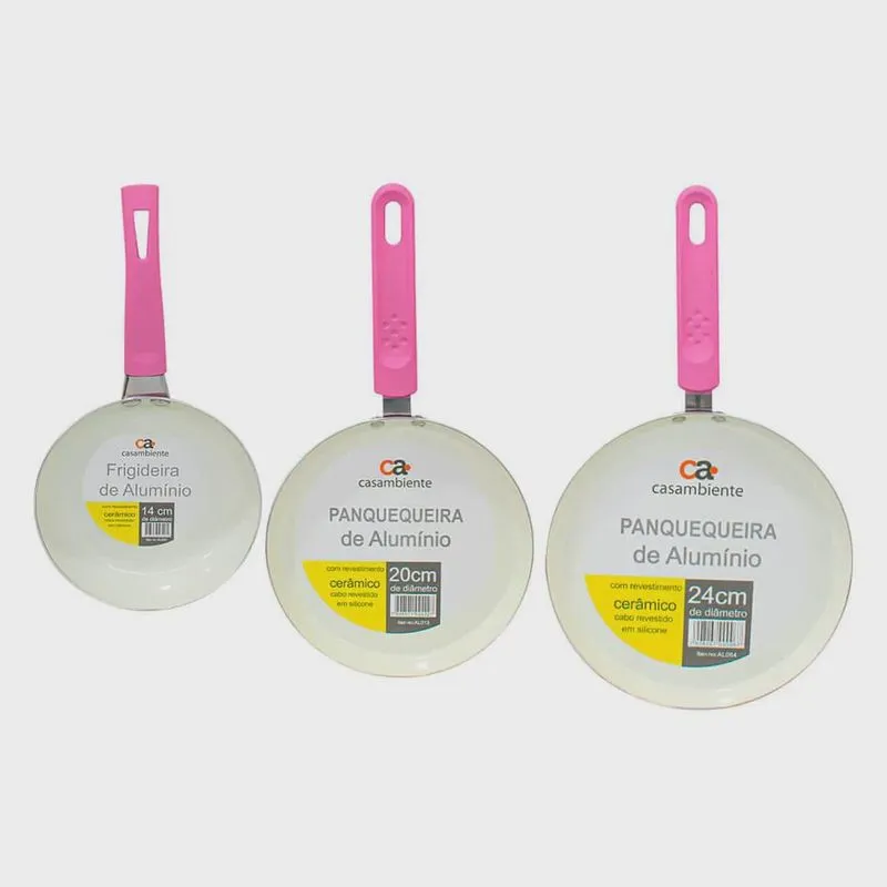 Frigideiras Antiaderentes Cerâmica Rosa 3 peças - Casambiente