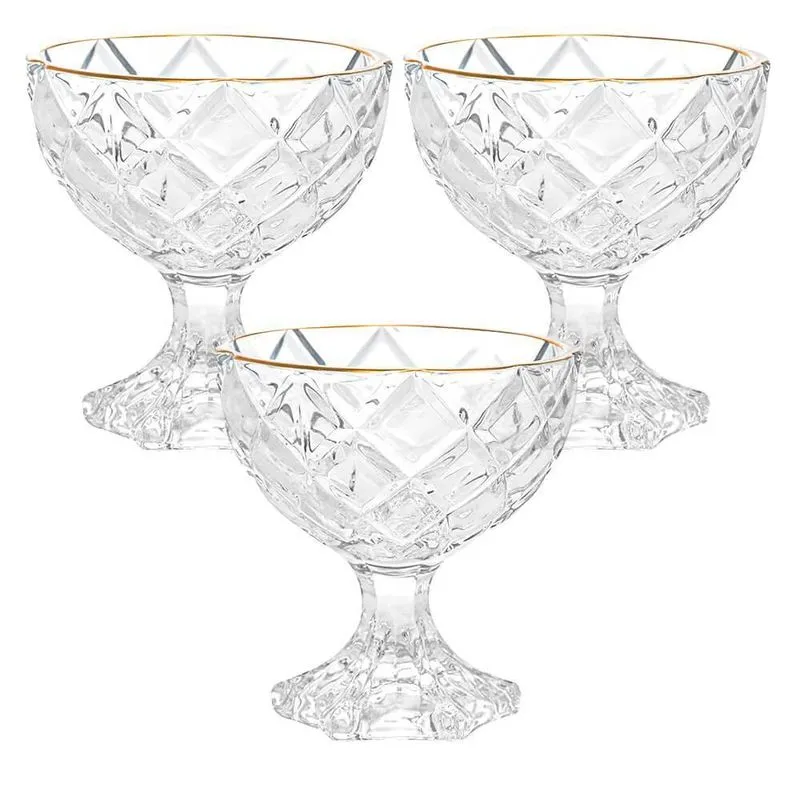 Taças de Sobremesa em Vidro Diamond Fio de Ouro 170mL 3 Peças - Lyor